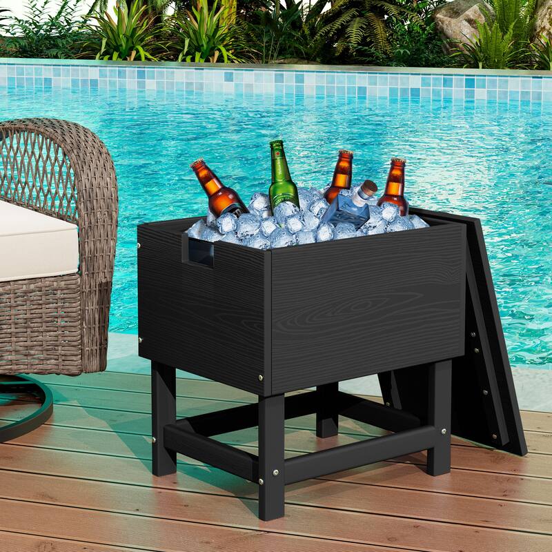 Outdoor Patio Weather Resistant HDPE Coffee & Side Table, Build-in Stainless Steel Cooler Bucket