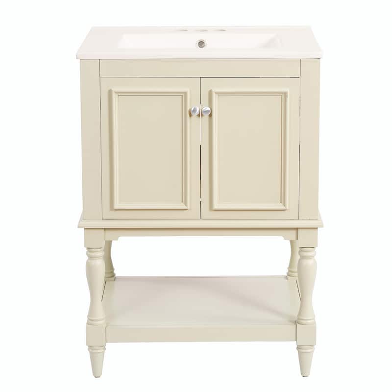 24" Modern Luxury Bathroom Vanity with Ceramic Sink, Freestanding Cabinet with Open Shelf and Enclosed Storage