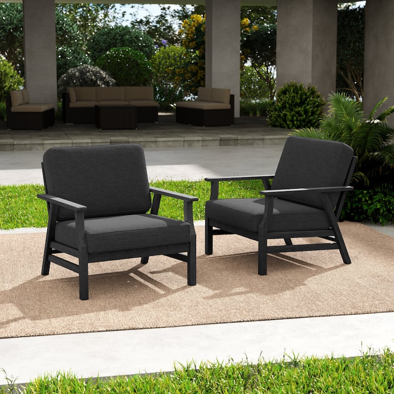 Outdoor 2 Set Teak Wood Club Chairs Set with Cushion - BLACK WOOD - DARK GRAY/BLACK