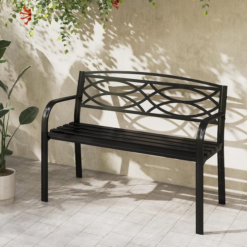 Outdoor Metal Garden Park Bench Heavy-Duty Metal Slatted Loveseat