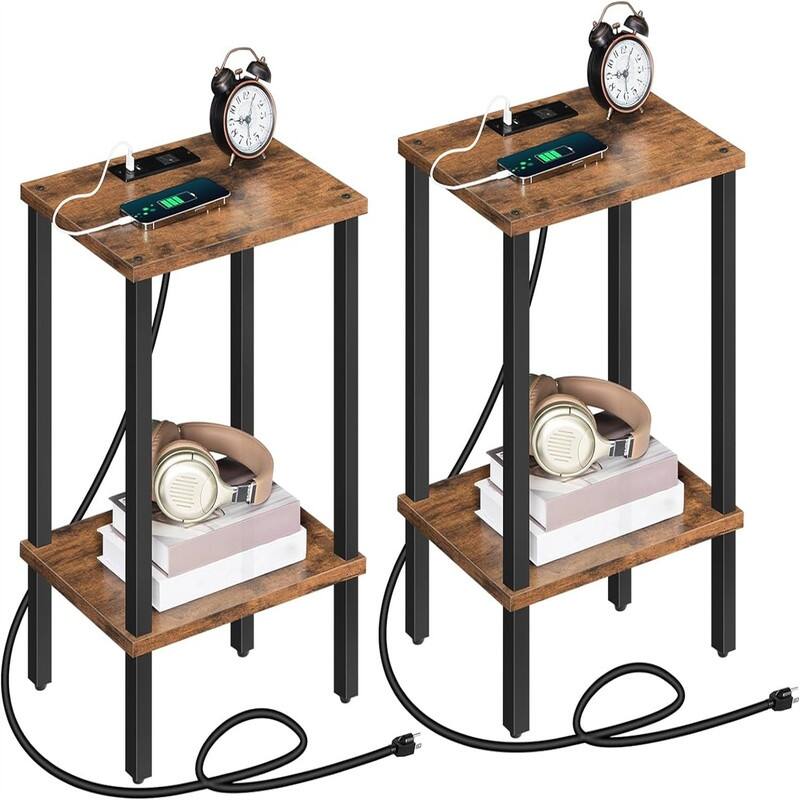 Side Table End Table with Charging Station - Rustic Brown and Black Set of 2