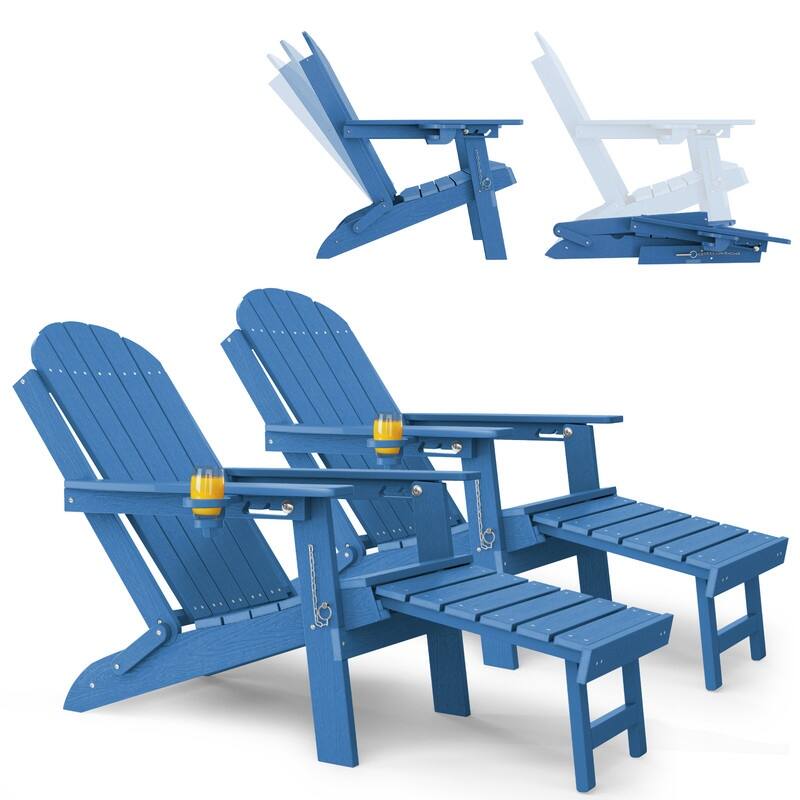 WINSOON Outdoor All-Weather HDPE Folding Adirondack Chair with Ottoman, Cup Holder & Adjustable Back Set of 2 - Blue