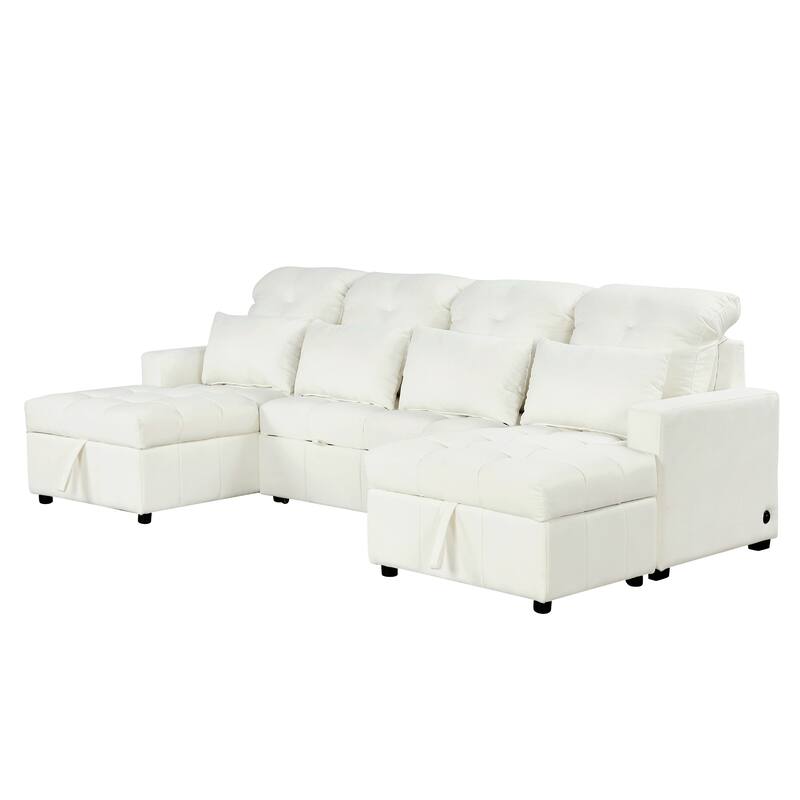 Classic U Shaped Sectional Sofa with Chenille Upholstery and Pull Out Bed and Storage Chaise for Guest Ready Living Rooms