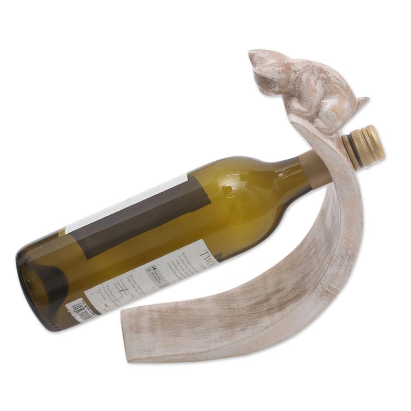 Novica Handmade White Peeking Kitten Wood Bottle Holder