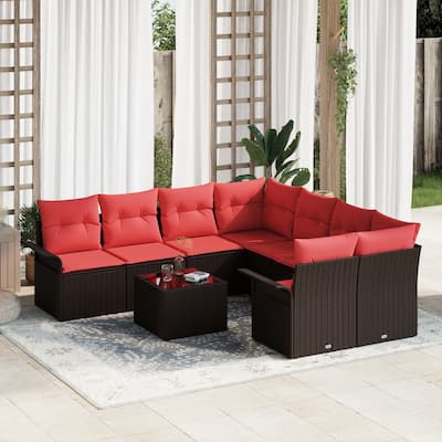 vidaXL 9-Seater Garden Sofa with Cushions Black/Brown/Grey Poly Rattan - 92.1 x 95.9 x 27.2