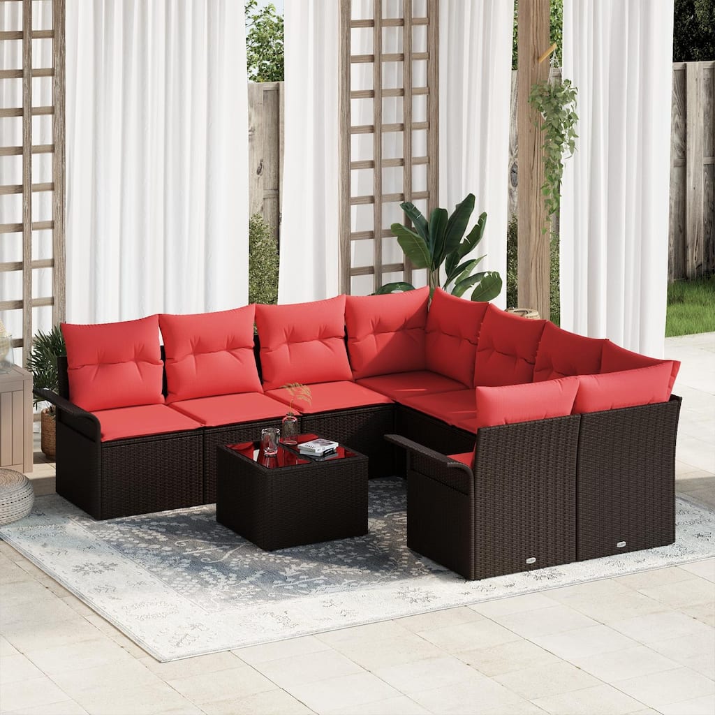 vidaXL 9-Seater Garden Sofa with Cushions Black/Brown/Grey Poly Rattan - 92.1 x 95.9 x 27.2