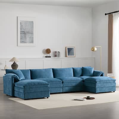 136" U-Shaped Chenille Cloud Sectional Sofa with Dual Ottomans