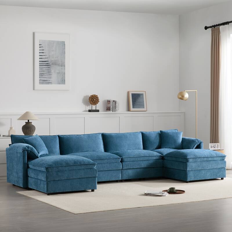 Contemporary Modular Sectional Sofa with Extra Wide Cushions and Movable Ottomans for Living Room or Guest Room - Blue