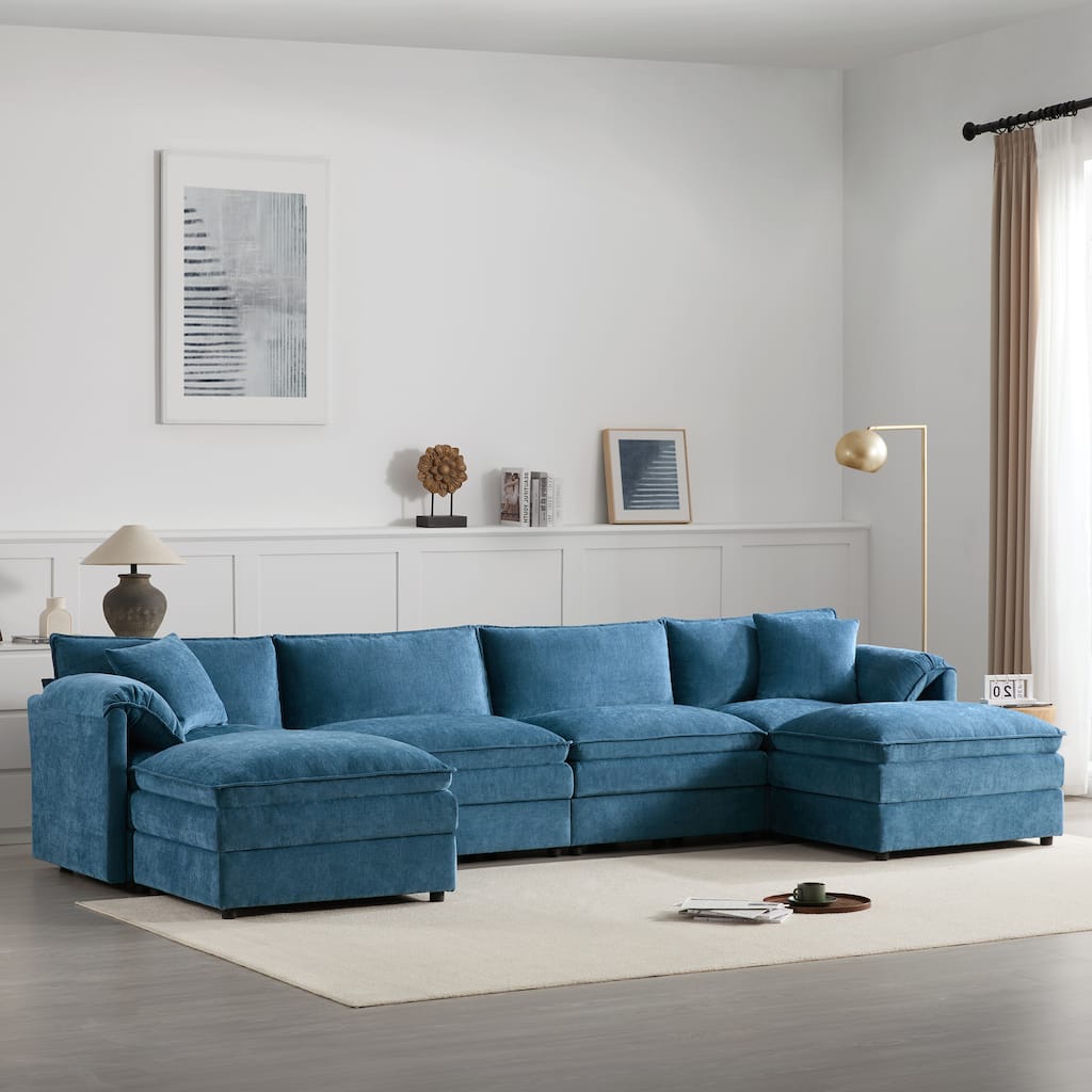 Double Cushions U-Shaped Cloud Couch Sleeper Bed w/ Movable Ottomans