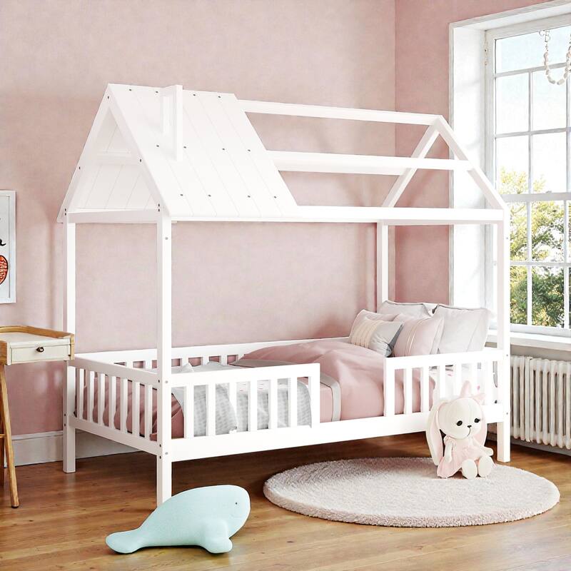 Twin Size Wooden House Bed with Fence, Roof Playhouse Design, Kids Montessori Floor Bed with Safety Rails