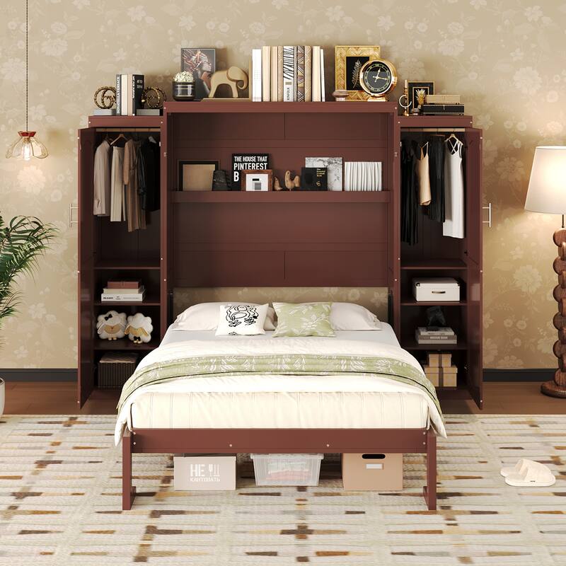 Full Size Murphy Bed with Two Wardrobes and Multifunctional Foldable Platform Bedframe