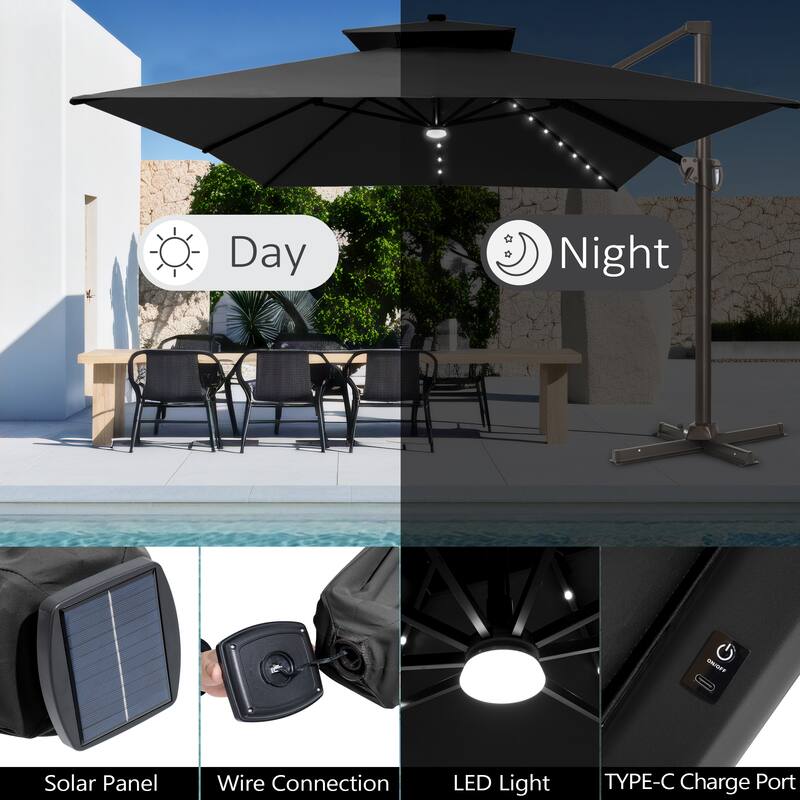 10 X 13 FT Outdoor Patio Cantilever Umbrella with Solar Lights 4-Piece Premium Base Double Canopy 360 Rotation Tilt