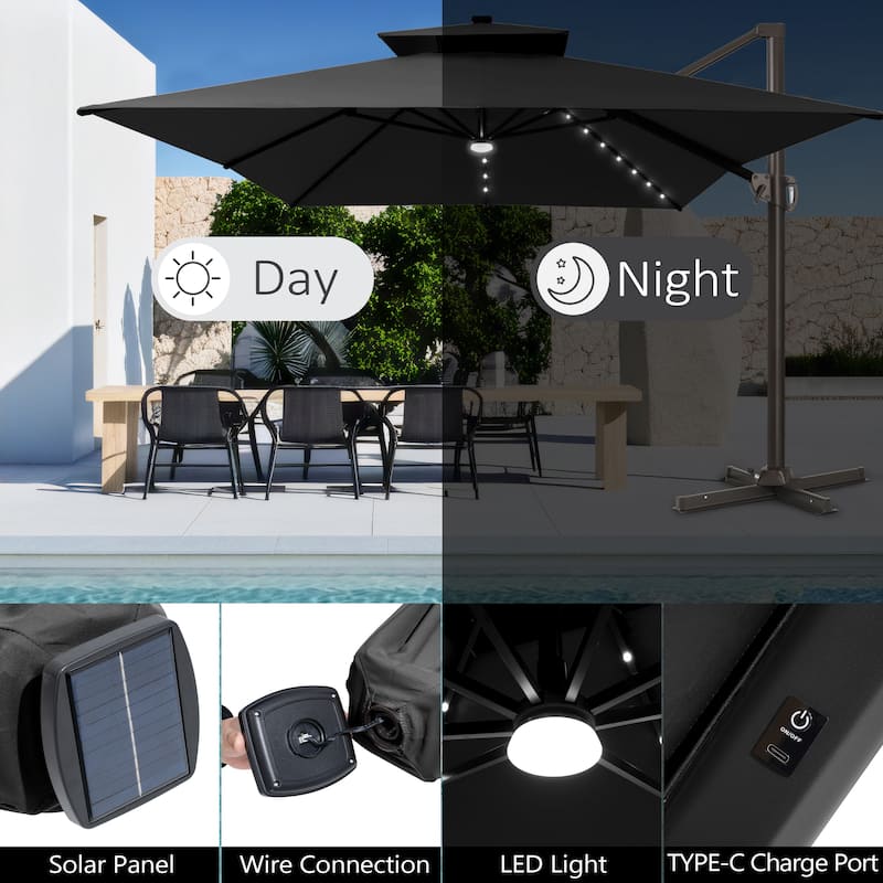 Pellebant Outdoor 10x13FT Patio Cantilever Umbrella Dual Top Lar Lighted with Wheel Base