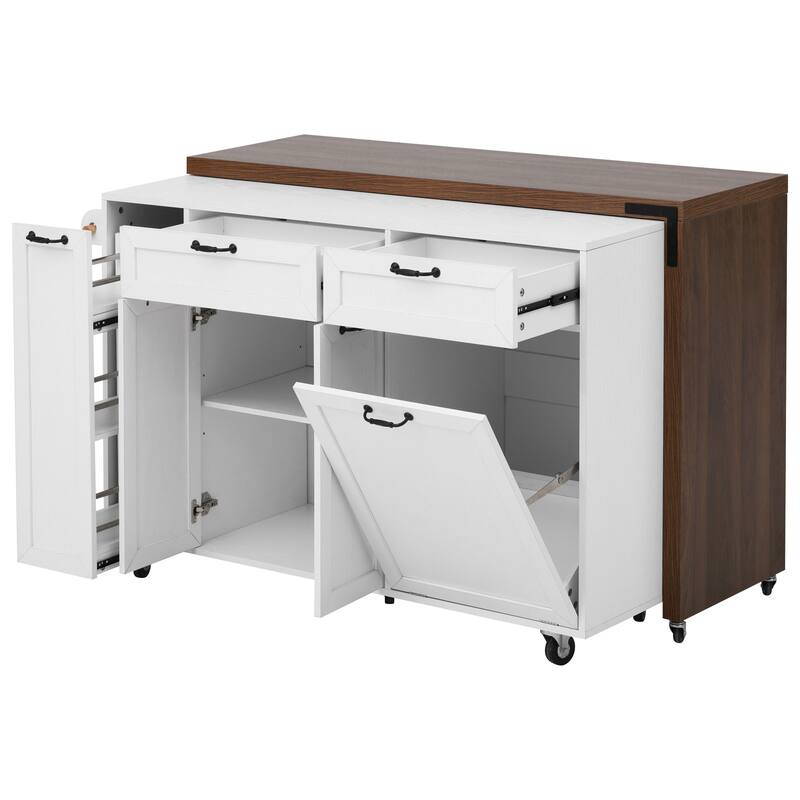 Mobile Kitchen Cart with Pull Out Dining Table Storage Drawers and Spice Rack