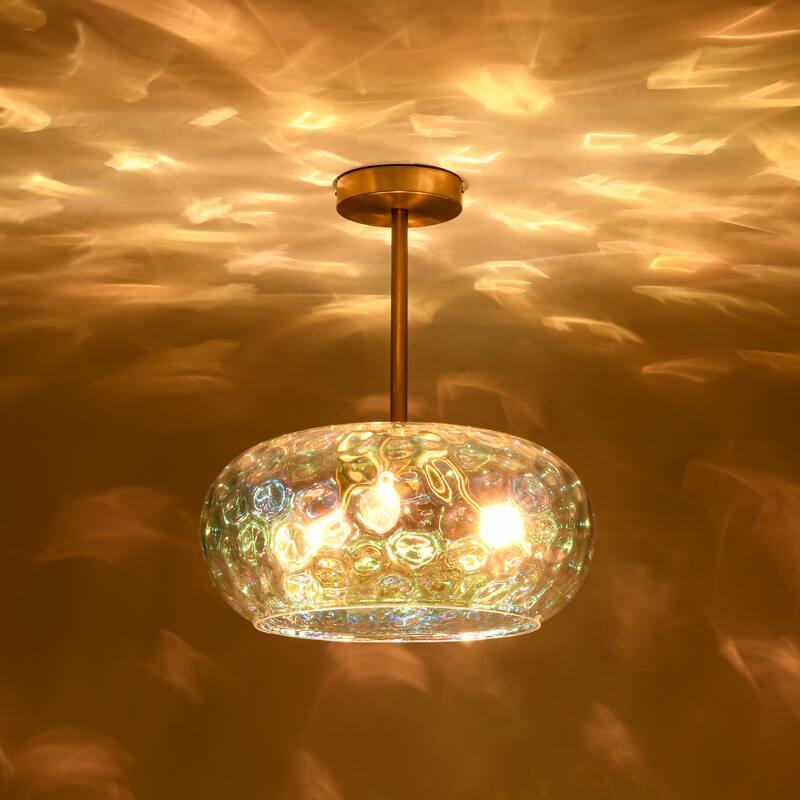 14.2" W 3-Light Modern Gold Dome Semi-Flush Mount Ceiling Light with Water Glass Shade for Foyer, Bedroom