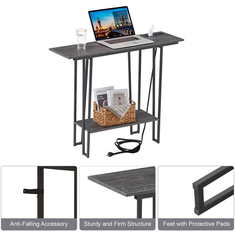 Console Table with Outlets for Entryway, Sofa Table with Wood Shelves, Industrial Entryway Table Foyer Table