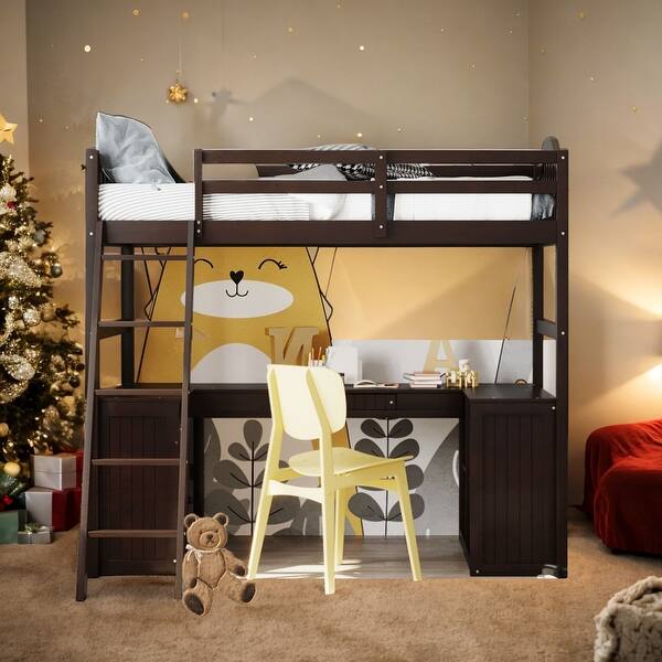 slide 2 of 9, Modern Twin Size Loft Bed With Drawers,Cabinet,Shelves and Desk,Sturdy Construction Espresso