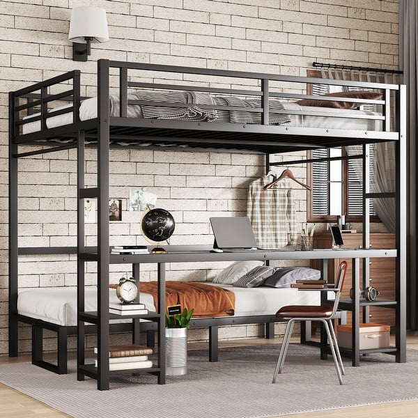 slide 2 of 14, Convertible Queen Over Twin XL Metal Loft Bed with Foldable Sofa, Built-In Desk, Shelves, USB Ports & LED Lighting Black