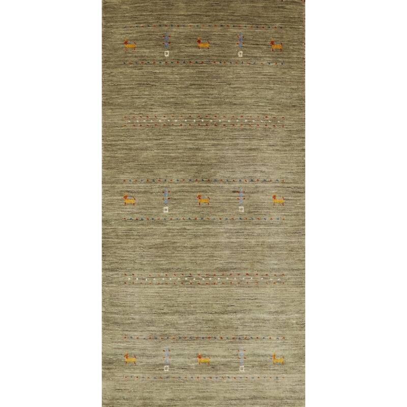 Hand Knotted Oriental 100% Wool Carpet Tribal Animal Pictorial Green Gabbeh Runner Rug - 4' 8'' X 2' 4''
