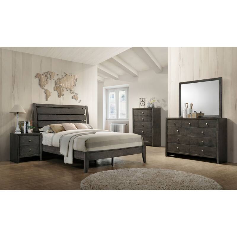 Gray Finish Queen Bed Transitional Style, Slatted Headboard, Tapered
