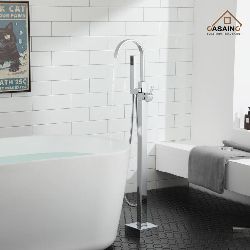 CASAINC Single-Handle Floor-Mounted Bathtub Faucet High Flow Bathroom Tub Filler with Hand Shower