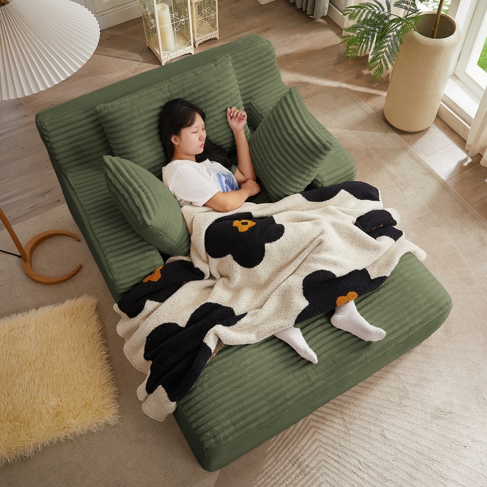 Lazy Sofa Chair Single Chaise Lounge Corduroy Upholstered Sleeper Sofa Ergonomic Couch Chair with Full Foam Cushion and Pillows