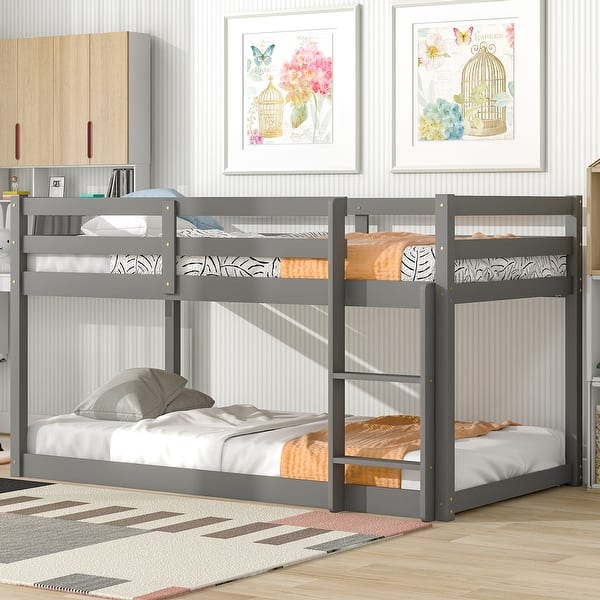 slide 2 of 6, Grey Twin Size Wood Loft Bed with Ladder and Fence for Kids Grey