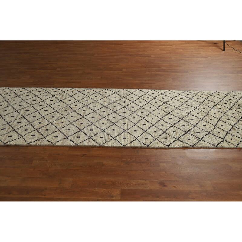 Trellis Beige Moroccan Oriental Runner Rug Hand-Knotted Wool Carpet - 3'6" x 12'10"
