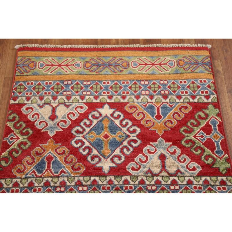 Hand Knotted Oriental 100% Wool Carpet Traditional Geometric Multi-Colored Kazak Runner Rug - 16' 0'' X 2' 5''