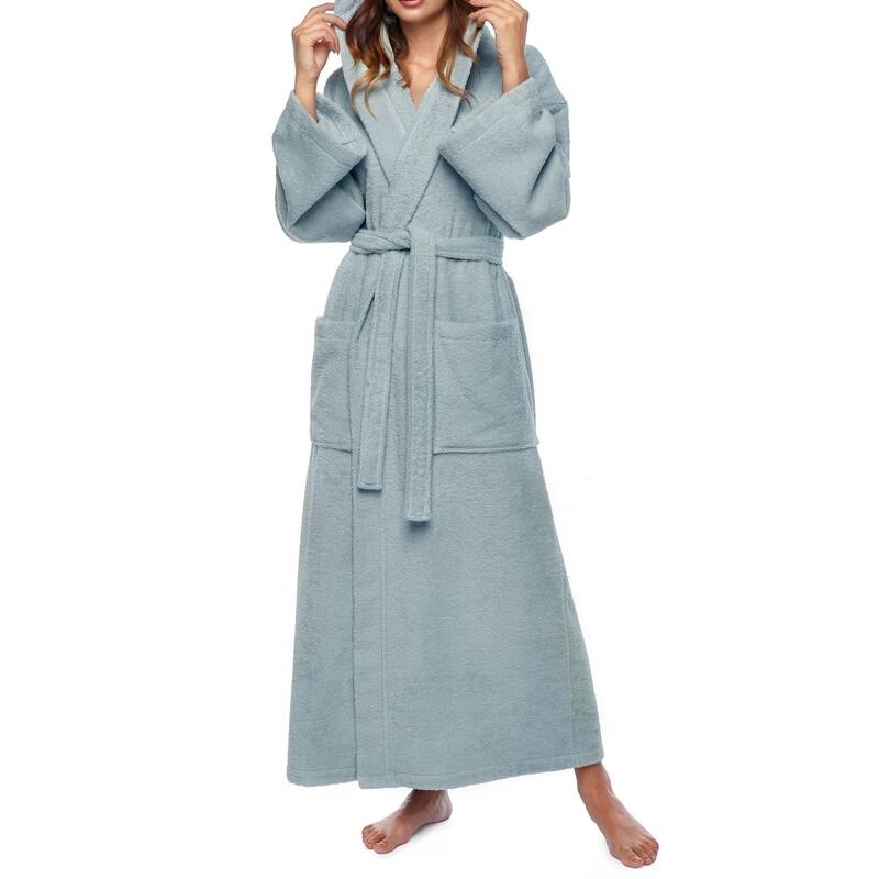 Women's Hooded Long Bathrobe Terry Cotton - Full Ankle Length Spa Robe - Seafoam - S/M