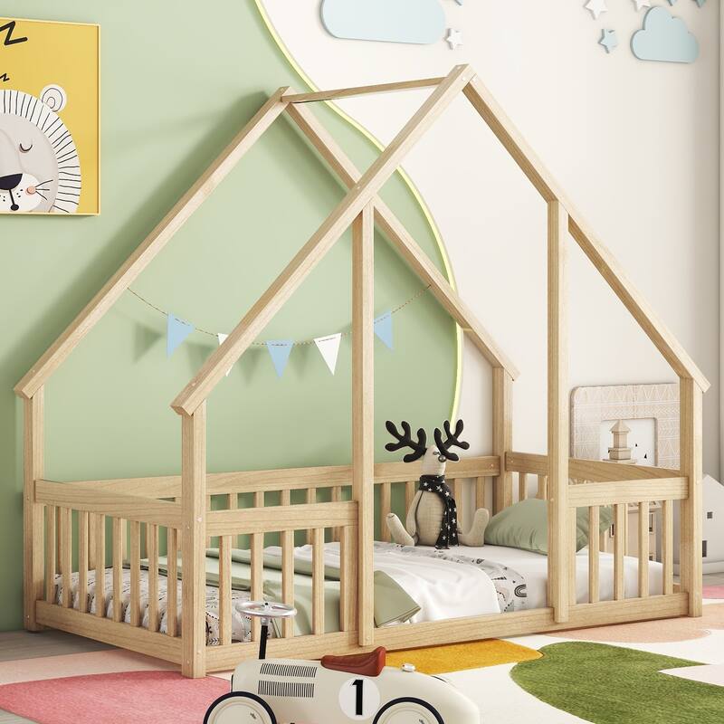 Twin Wood House-Shaped Floor Bed Frame with Fence,Guardrails,No Box Spring Needed,for Living Room - Natural