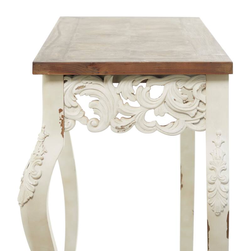 White Wood Intricately Carved Scroll Console Table with Brown Wood Top