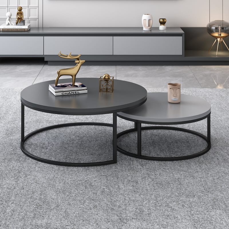 2-piece Round Nesting Tables Modern Wood Gray & Black Round Nesting Coffee Table for Living Room - Grey