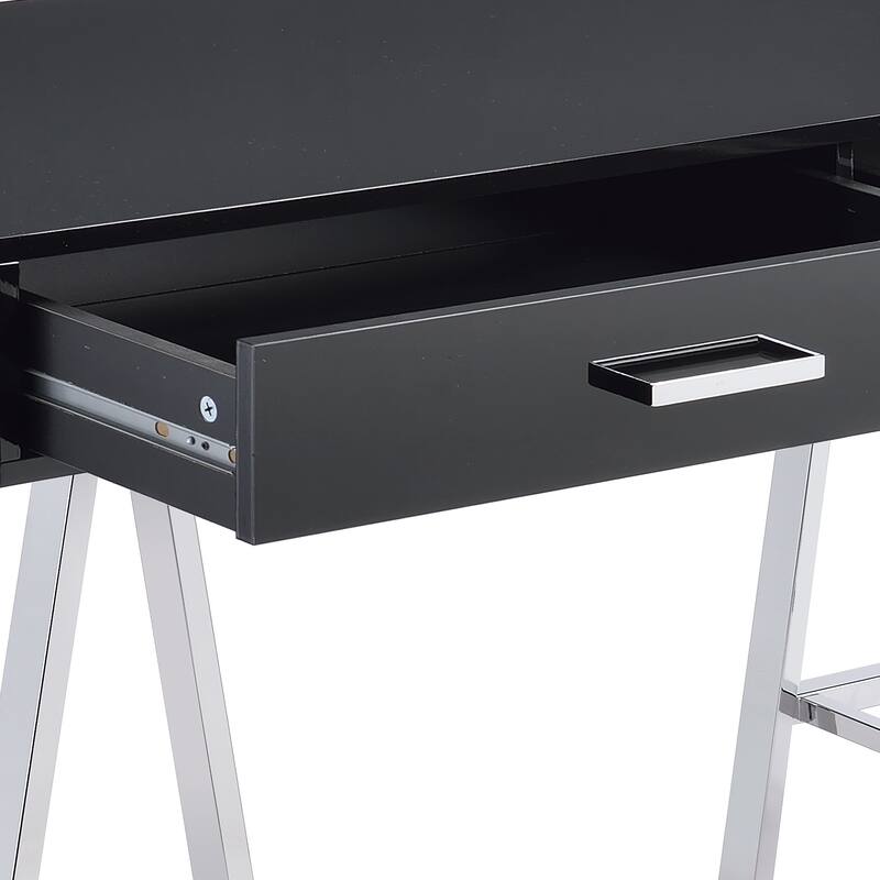 54" High Gloss Writing Desk with Built-in USB Port & Storage Drawers, Chrome Accents