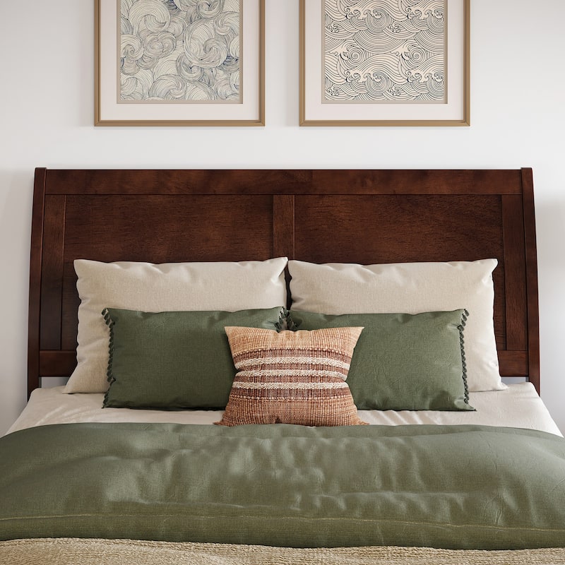 Solid Wood Low Profile Sleigh Bed with USB Ports - Full Size Platform Bed Frame, Walnut Finish