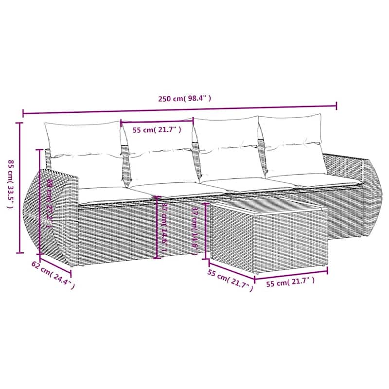 vidaXL 5 Piece Patio Sofa Set with Cushions Gray Poly Rattan - 98.4x33.5x24.4
