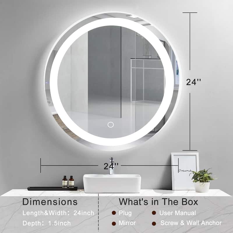 24 Inch Wall Mounted LED Round Makeup Mirror Bathroom, Bedroom - White/Silver