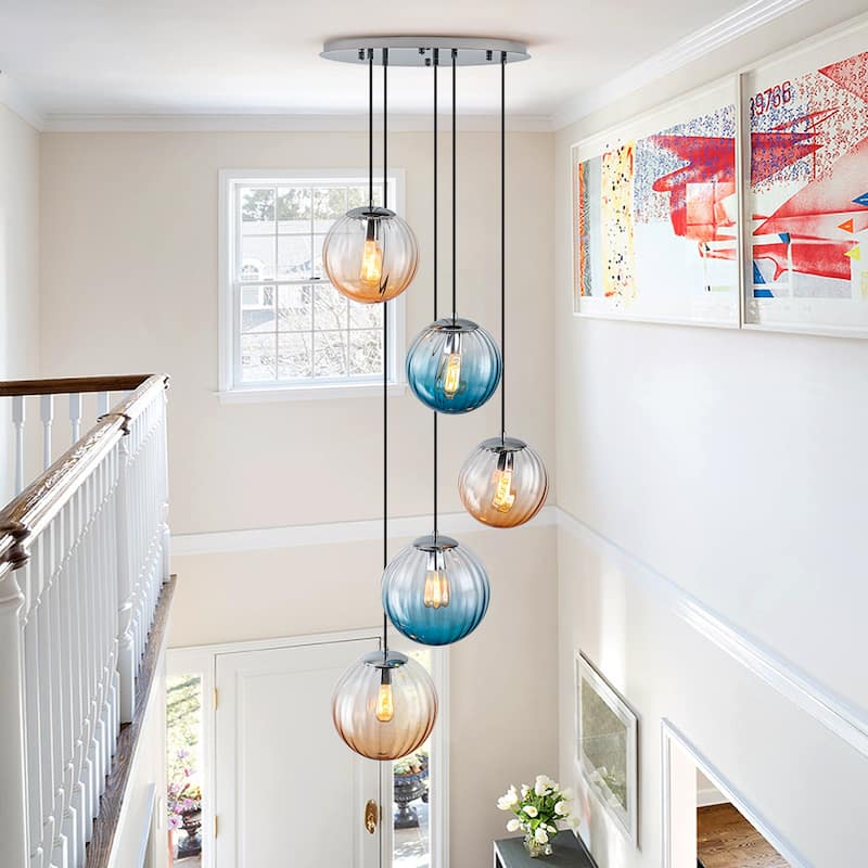 Modern 5-Light Cluster Glass Globe Pendant Light with Gradient Shades - Silver