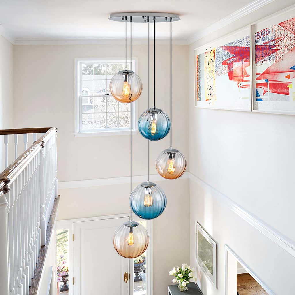 Modern 5-Light Cluster Glass Globe Pendant Light with Gradient Shades - Silver