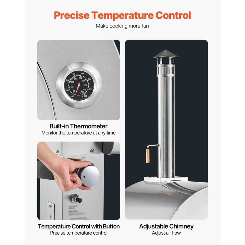 Silver Stainless Steel Outdoor Pizza Oven with Dual Fuel 572℉ High Heat 26-Inch Baking Size - 38.8 x 32.6 x 78.8 in