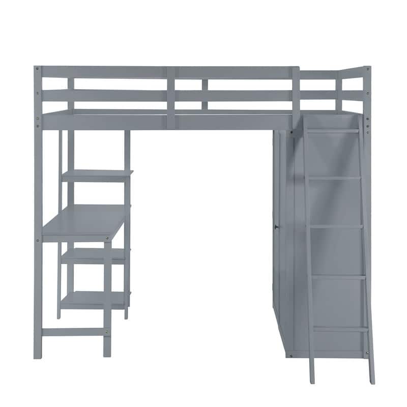 Full Size Wooden Loft Bed with Wardrobe and Desk and Shelves