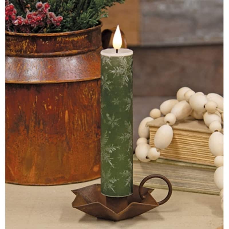 Green LED Timer Taper Candle with Snowflake Design for Holiday Decor - 1.50 x 1.50 x 8 in.
