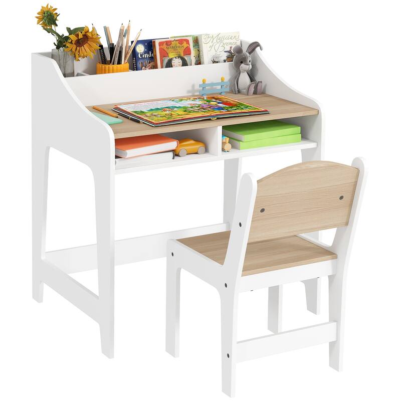 Qaba Kids Desk and Chair Set, Children Study Table with Storage and Shelves, Student Writing Desk, Natural Wood - Natural