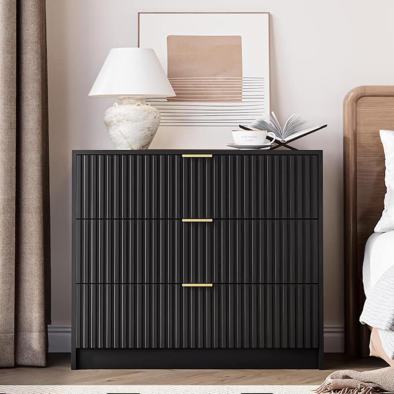 3 Drawer Fluted Dresser, 32 Inch Wide Nightstand with Large Drawer End Table for Bedroom