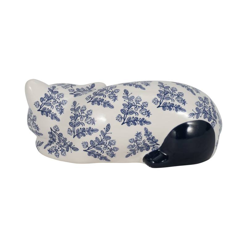 Ceramic Cat Sculpture Contemporary Vintage Style Chinoiserie Blue and White Floral Cat Statue Cat Lover
