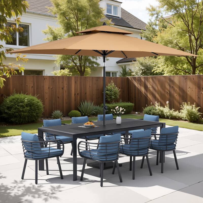 9/11-Piece Outdoor Patio Dining Set w/10 ft Umbrella and Base Aluminum Dining Table and Dining Chairs with Sunbrella Cushions
