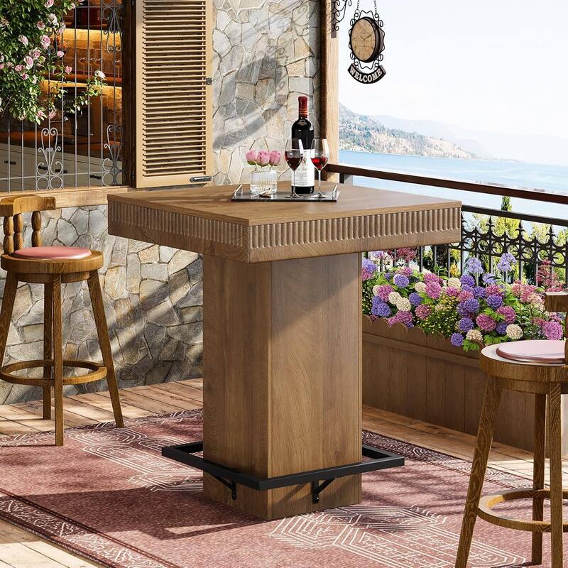 Square Bar Table, 37.4"H Wooden Bistro Pub Table with Metal Footrest for Small Bars, Kitchen Nook