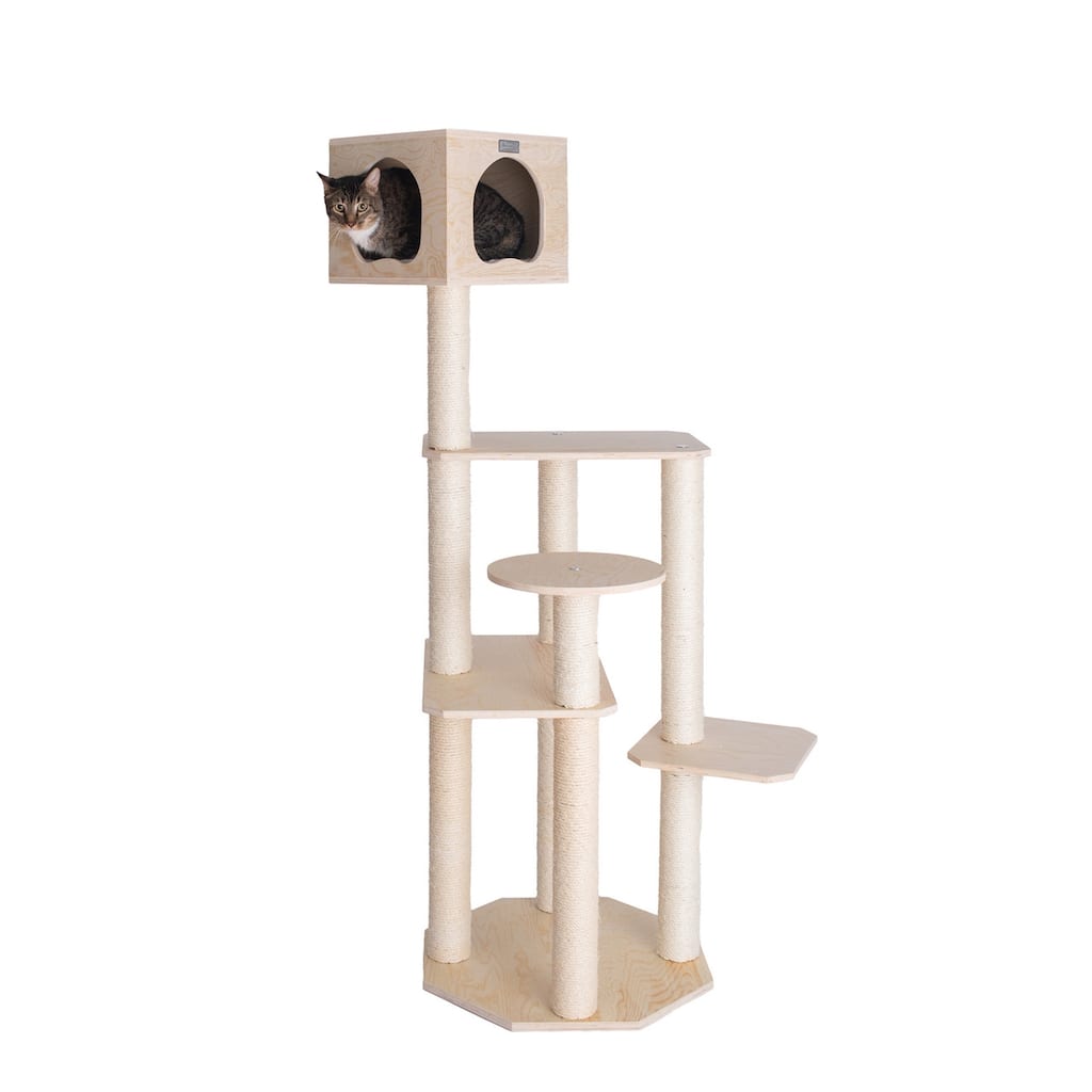 Real Wood Premium Scots Pine 69-Inch Cat Tree with Five Levels, Perch, Condo - Natural Beige
