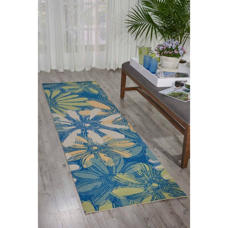 Ogunquit Indoor/Outdoor Abstract Floral Modern Rug by Havenside Home - 2'3" x 8' Runner - Blue/Yellow