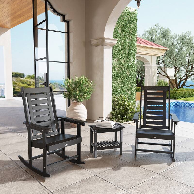 Set of 2 Outdoor HDPE Rocking Chairs with Slatted Back and Comfortable Armrests for Patio or Porch - 25.6" W x 35" D x 40.6" H